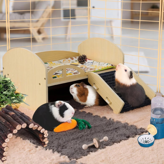Guinea Pig Bed with Stable Stairs & Mat Wooden Small Animal Bed Wear Resist Wood Pet Toy Bed for Hamsters Bunny Chinchillas