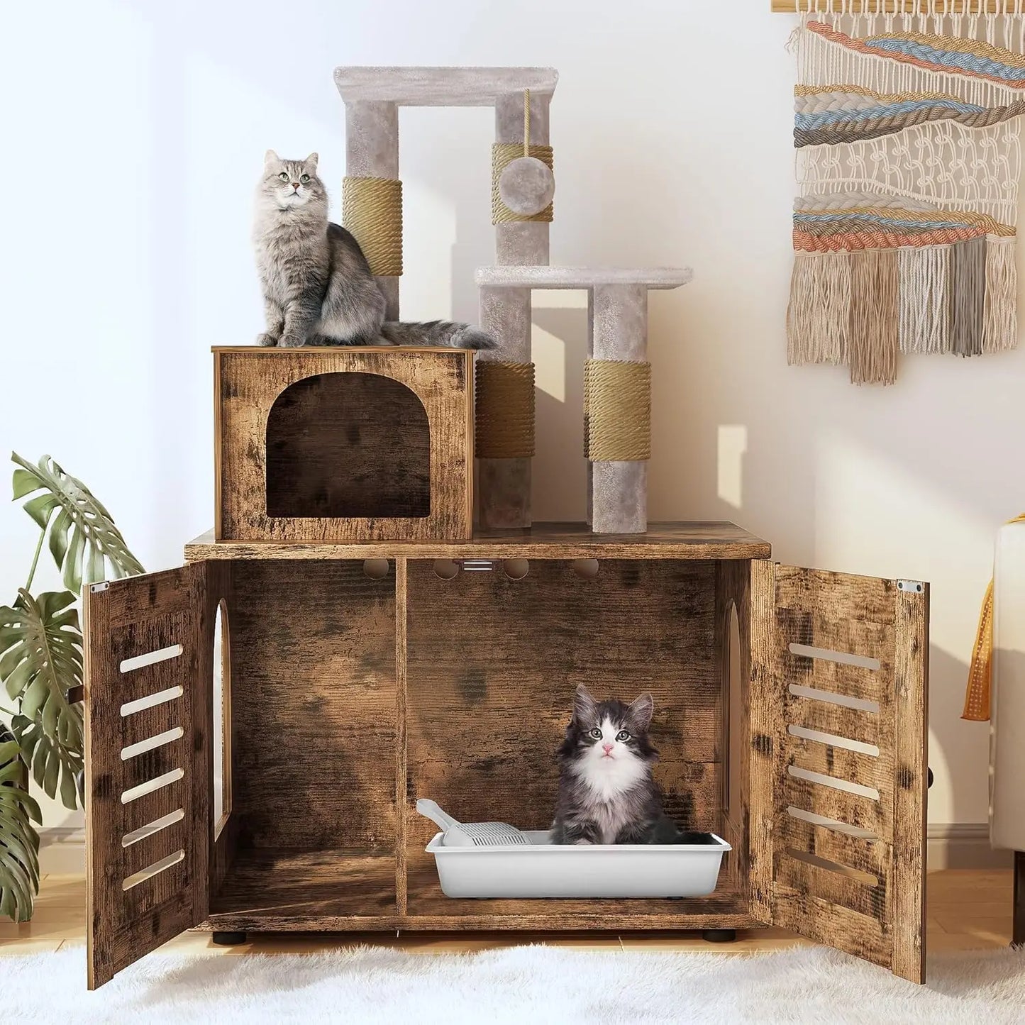 Cat Litter Box Enclosure with Cat Tree Tower 2-in-1 Hidden Pet Washroom Furniture with Scratching Post and Soft, Customized