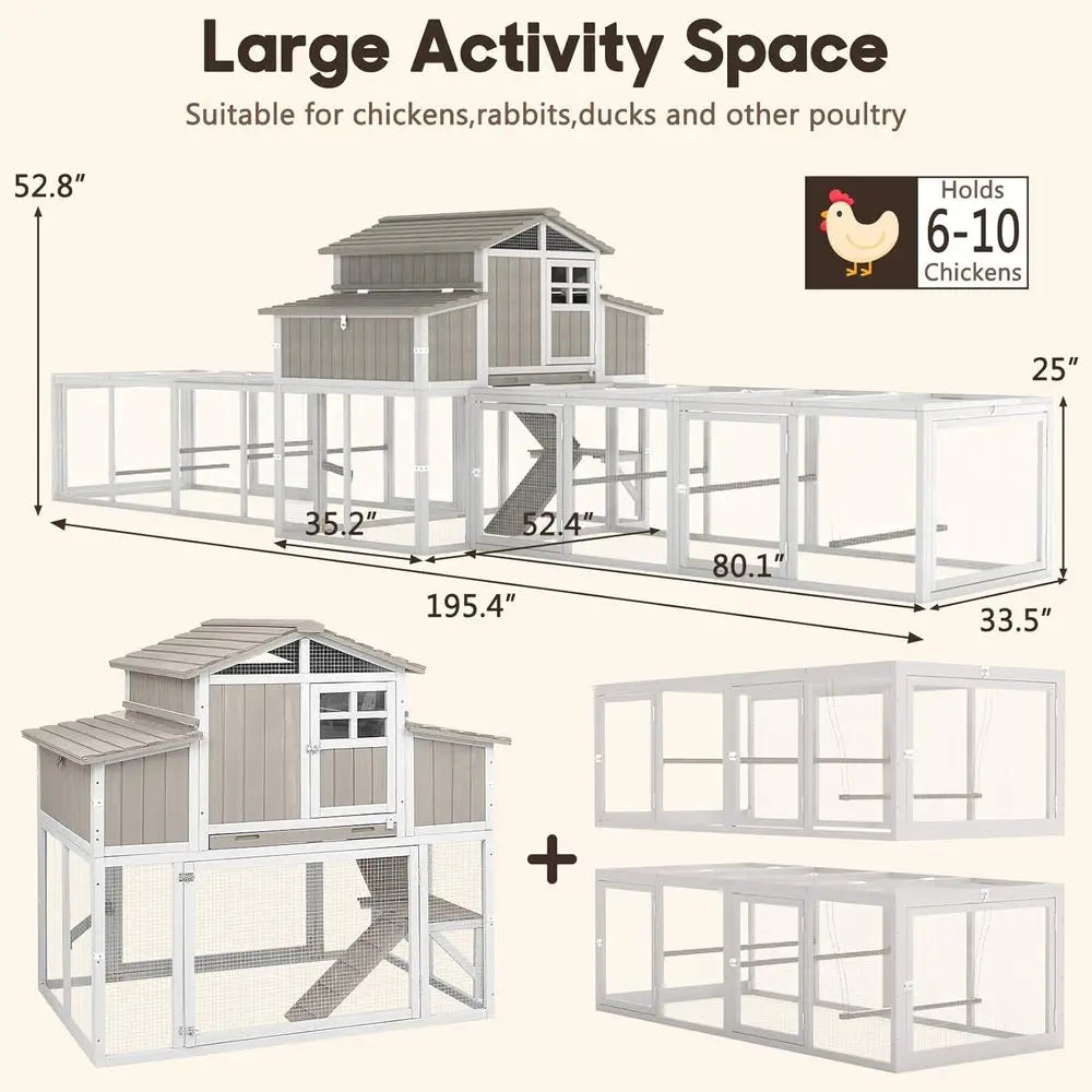 Extra Large Wooden Chicken Coop with Dual Runs or 6–10 Chickens, 2-Tier Elevated Hen House with Nesting Boxes, Expandable Conted