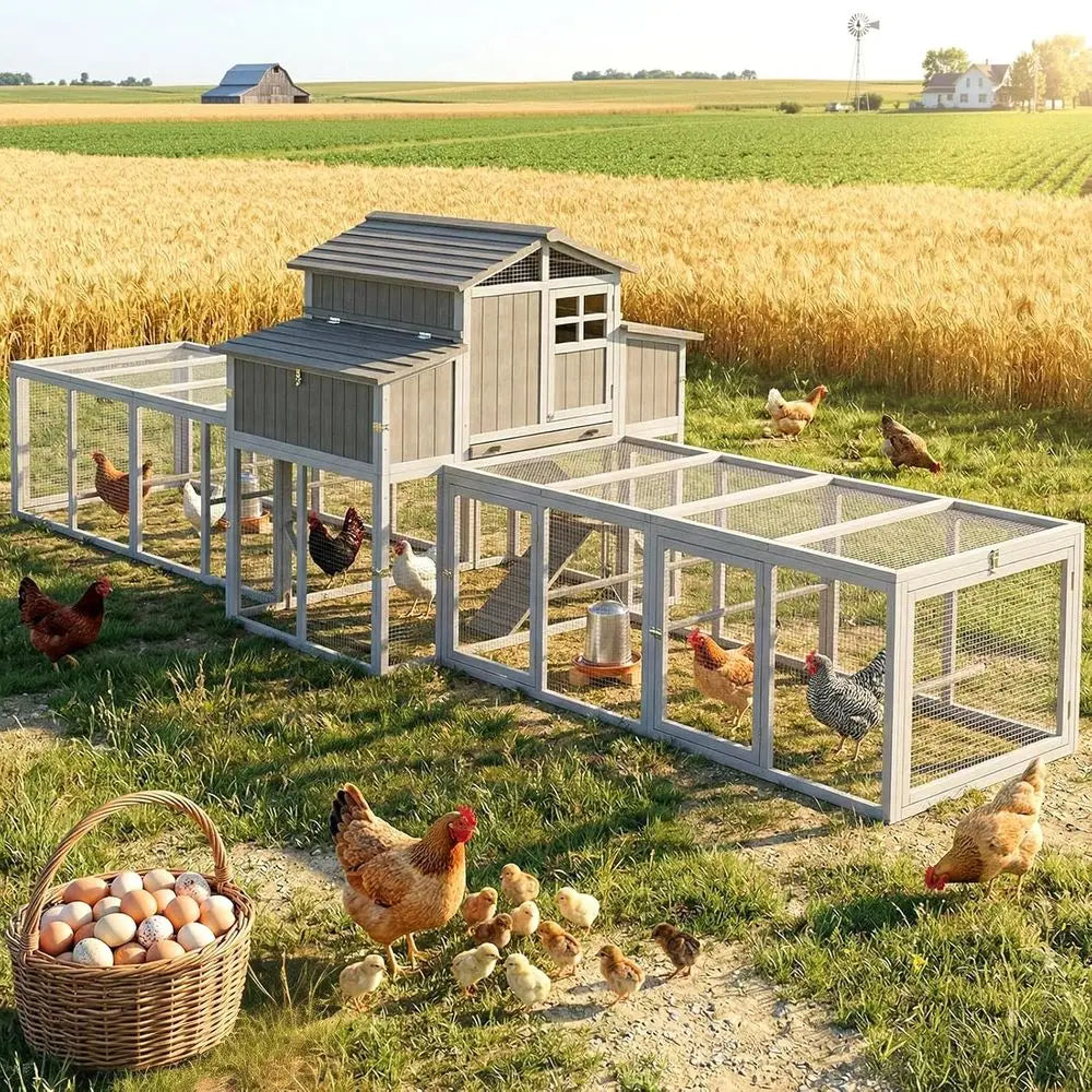 Extra Large Wooden Chicken Coop with Dual Runs or 6–10 Chickens, 2-Tier Elevated Hen House with Nesting Boxes, Expandable Conted